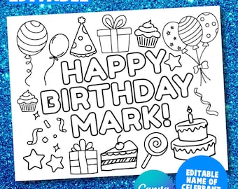Pagina da colorare personalizzata per il compleanno con nome: attività stampabile per bambini (modificabile su Canvas, download in PDF)