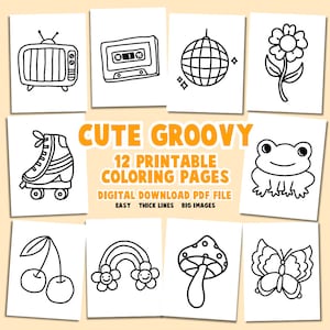 Groovy Coloring Pages Easy Cute Adult Kids Coloring Pages Book Simple Printable Digital for Relaxation Hobby Activities TV Skate Disco Ball