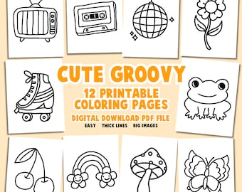 Groovy Coloring Pages Easy Cute Adult Kids Coloring Pages Book Simple Printable Digital for Relaxation Hobby Activities TV Skate Disco Ball