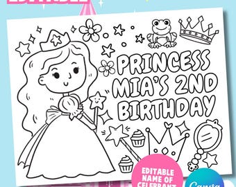 Pagina da colorare personalizzata per il secondo compleanno a tema principessa, stampabile e personalizzabile, attività personalizzata per bambini, compleanno a tema principessa