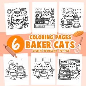 Baker Cats Coloring Book Pages Easy Cartoon Kitten Cat Baking Bakery Bread Adult Printable Digital Download Relaxing Hanis Coloring Corner
