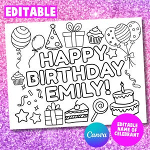 Custom Name Birthday Coloring Page, Coloring Page, Printable Coloring Page, Personalized Activity for Kids, Birthday Birthday, Girl Party