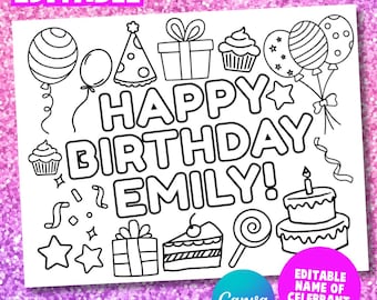 Pagina da colorare di compleanno con nome personalizzato, Pagina da colorare, Pagina da colorare stampabile, Attività personalizzata per bambini, Compleanno, Festa per bambine