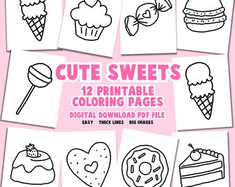 Sweets Coloring Pages Easy Cute Adult Kids Book Simple Printable Digital for Relaxation Hobby Activities Cake Cookie Icec Cream Donut Candy