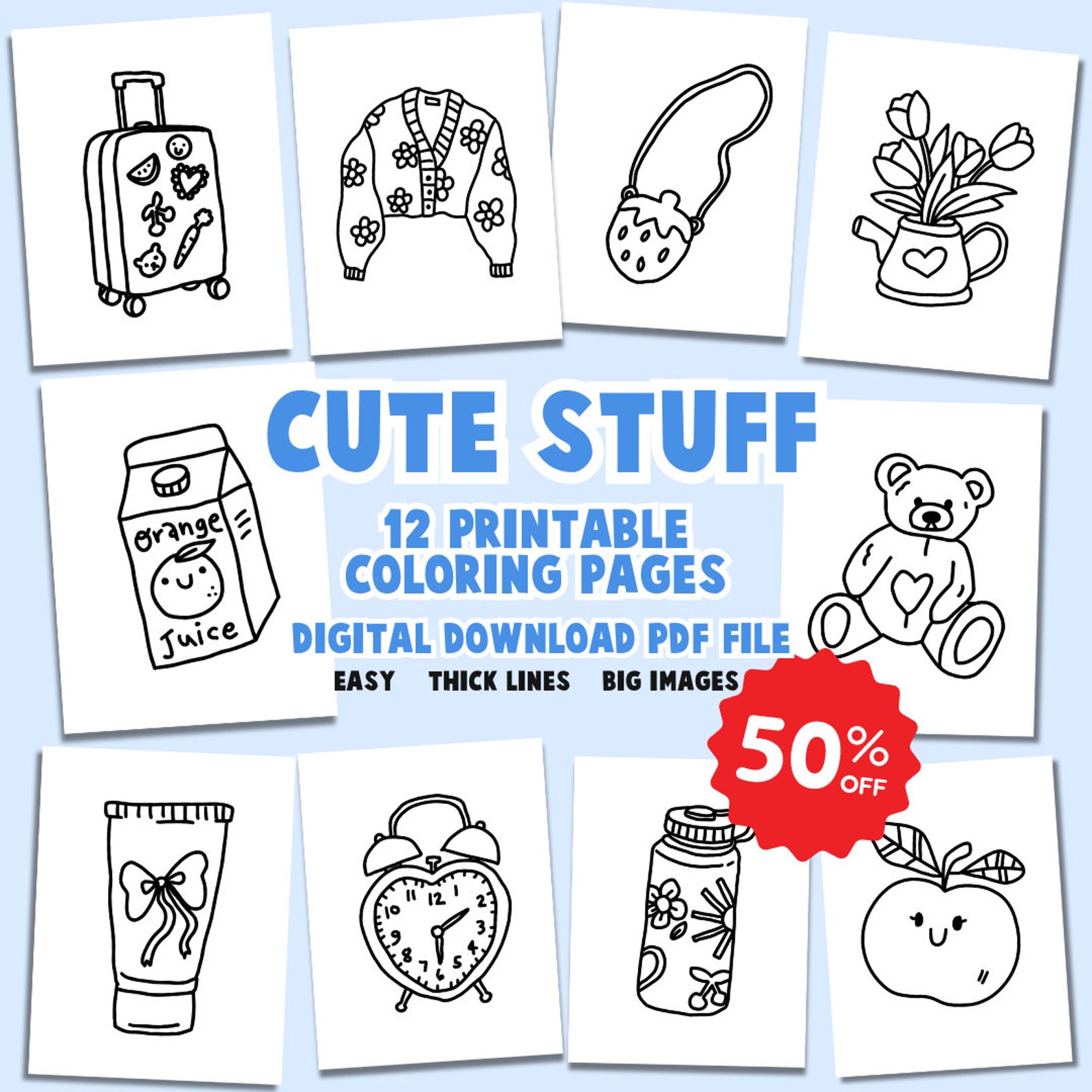 Coloring Pages Cute Stuff Easy Thick Lines Adult Kids Book Simple
