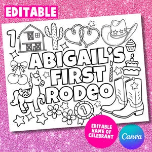 May include: Black and white illustration with the text "ABIGAIL'S FIRST RODEO". The design includes a cowboy hat, boots, a horse, a barn, and other rodeo-themed elements. The words "EDITABLE" and "Canva" are also visible.