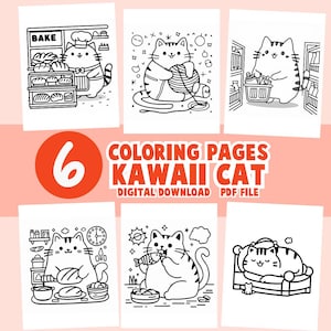 Kawaii Cat Coloring Book Pages Easy Cartoon Kitten Baking Sleep Adult Teens Printable Digital Download Relaxing by Hanis Coloring Corner