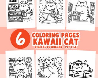 Kawaii Katze Malbuch Seiten einfach Cartoon Kätzchen Backen Schlaf Erwachsene Teenager Printable Digital Download Entspannend von Hanis Färbung Ecke