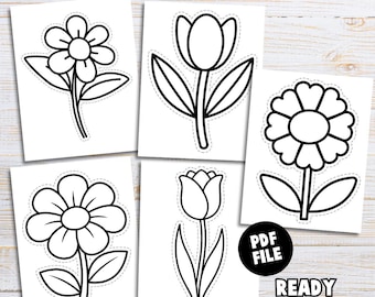 May include: A set of five black and white flower illustrations on white paper, each featuring a dashed cut line around the perimeter. The text INSTANT DOWNLOAD WITH CUT GUIDES, PDF FILE, and READY TO PRINT is visible on the page.