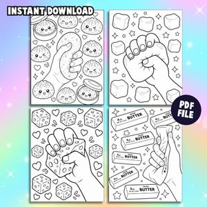 May include: A four-page digital colouring book featuring line art illustrations. The pages show hands squeezing various items including dumplings, marshmallows, cheese blocks, and sticks of butter labelled 4 oz (113 g). The text INSTANT DOWNLOAD and PDF FILE appear.