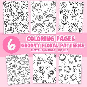 Groovy Floral Patterns Coloring Book Pages Flower Hippie Easy Retro Adult Teens Printable Digital Download Relaxing Hands Coloring Corner