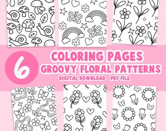Groovy Floral Patterns Coloring Book Pages Flower Hippie Easy Retro Adult Teens Printable Digital Download Relaxing Hands Coloring Corner