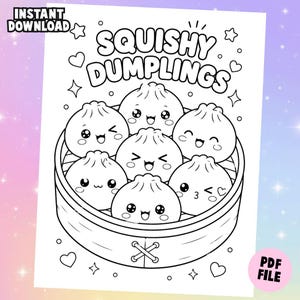 Könnte beinhalten: Eine schwarz-weiße Malvorlage mit sechs niedlichen Teigtaschen mit verschiedenen Gesichtsausdrücken in einem Bambusdampfkorb. Der Text SQUISHY DUMPLINGS ist oben aufgedruckt. Die Seite enthält kleine Herz- und Sternformen als dekorative Elemente.