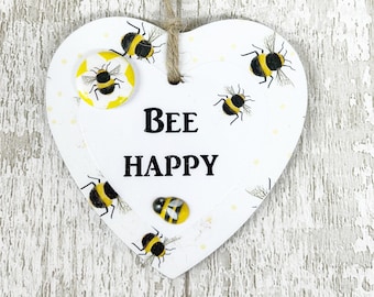 Inspirational And Uplifting Bee Happy Wooden Gift Heart Idea Sign/ Plaque