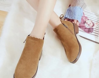 Bottines d'hiver pour femmes faites à la main, cuir véritable, botte en cuir marron, botte en cuir kaki, cadeau, chaussures femme, chaussures, chaussures