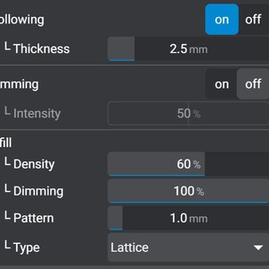 May include: A screen capture of a settings menu for a 3D printer. The menu has options for hollowing, infill, and dimming. The user can turn these features on or off, and adjust the thickness, intensity, density, and pattern.