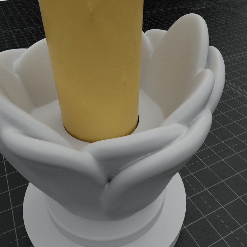 May include: White ceramic candle holder with a flower-shaped design. The holder has a round base and a central opening for a candle.