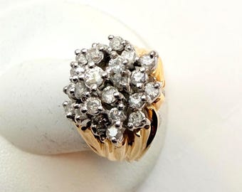 Anillo vintage de oro amarillo macizo de 14 quilates con diamantes en racimo, talla 6.5