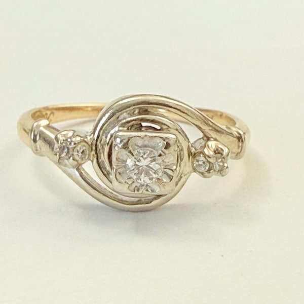 Antique diamond engagement ring all natural white and yellow 14 K gold size 7.5