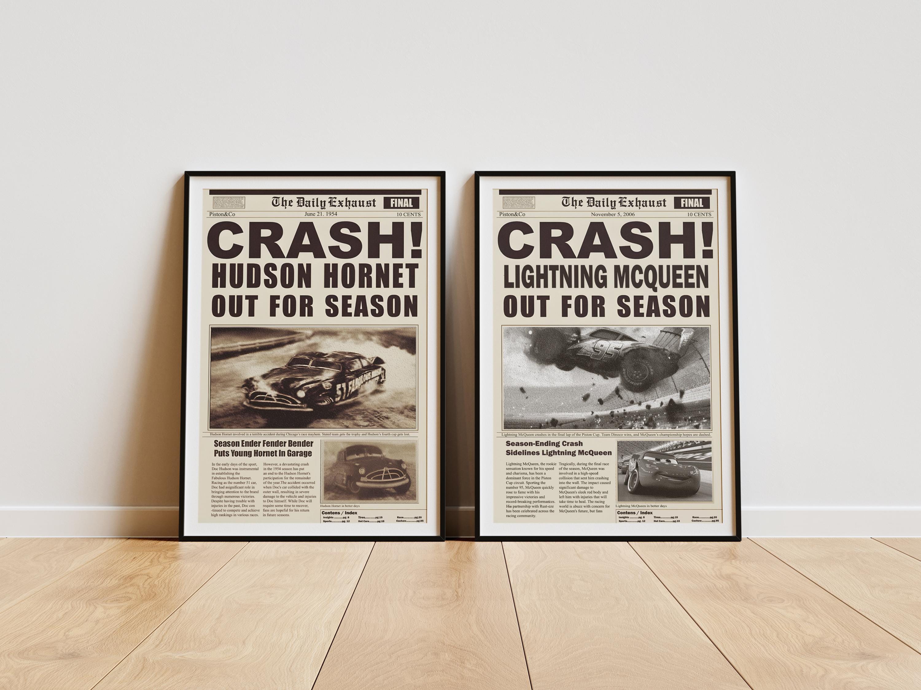Hudson Hornet Lightning Mcqueen Crash Newspaper Poster Set digital 