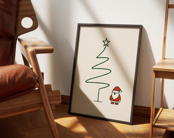 Impresión artística minimalista de árbol de Navidad: arte lineal moderno de Papá Noel (descarga digital)