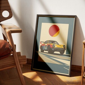 Retro Racing Car Poster – Vintage Yellow Sports Car Print | Instant Download Wall Art