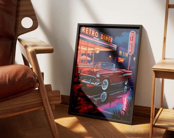Vintage Retro Diner Print | Classic Car Wall Art | 1950s Americana Decor