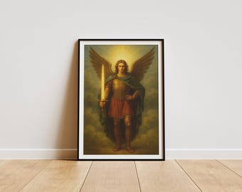 May include: Framed art print featuring a classical painting of an angel with large wings, holding a glowing sword. The angel is depicted in armor and a red skirt, set against a cloudy background with a golden light.
