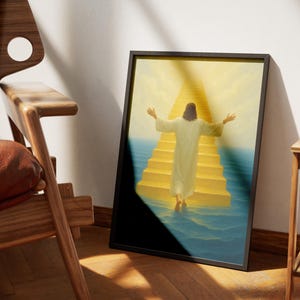 Jesus Ascending Golden Stairs Wall Art – Spiritual Christian Digital Print, Religious Jesus Poster, Heaven Canvas Printable Artwork Digital