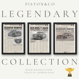 伝説のハドソン・ホーネット新聞ポスターセット - 1951年ピストンカップチャンピオン - ヴィンテージレーシングデコレーション - デジタルダウンロード