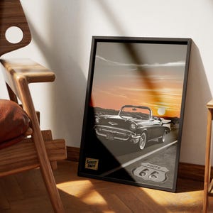 May include: A black and white illustration of a classic car driving down Route 66. The car is a convertible with the top down and the sunset is in the background. The text "Sunset Drive" and "Route 66" are visible in the image.