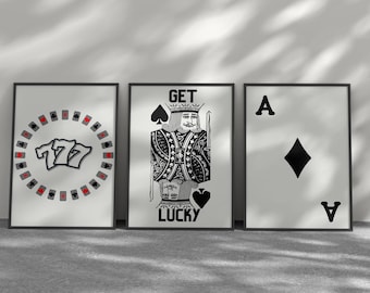 Zestaw grafik kasynowych w stylu vintage: Lucky 777, król pik (do pobrania w wersji cyfrowej)
