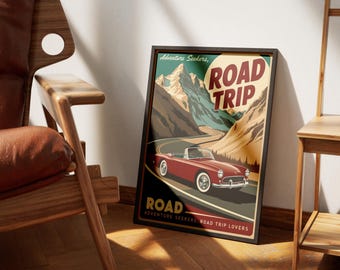 Póster de viaje por carretera vintage / Impresión de viaje en coche clásico / Arte mural de aventuras retro
