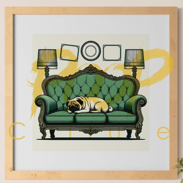 Mops auf Sofa, Hommage, Loriot, Humor, Komik, Wall Art, Decoration, Interior, Print Ready, Instant Download, Geschenk, Gift, Digital Print,