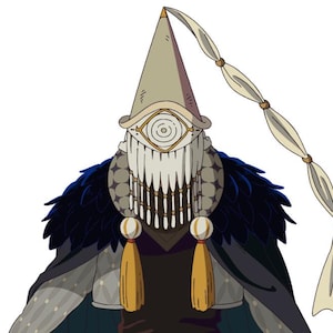 Puede incluir: Ilustración de un personaje con un sombrero alto y puntiagudo y una máscara facial detallada. El personaje tiene un cuello de plumas azul oscuro, una larga hebra blanca y borlas doradas. La paleta de colores incluye beige, dorado y azul oscuro.
