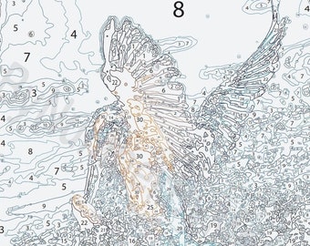 May include: Color by numbers image of a kingfisher with its wings spread, catching a fish in its beak. The image is divided into numbered sections, with a color palette and hex codes included. The text "I turn beautiful pictures into beautiful Color By Numbers! Availible in 10-30 colors for digital coloring!" is also included.