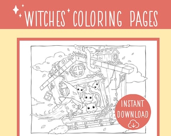 Flying House Coloring Page, Witches and Cats, Instant Download Printables, Witch House, Detailed Coloring Pages, Broomstick, Clouds, Flowers