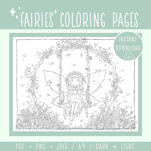 Swinging Fairy Coloring Page, Relaxing Drawings, Pixie Instant Downloads, Pixies, Little Fairies, Cute, Leaves and flowers, Detailed Art