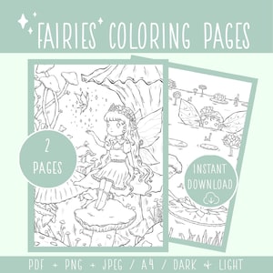 May include: Two black and white coloring pages featuring fairies. The first page shows a fairy with wings sitting on a mushroom. The second page shows a fairy with wings swimming in a pond with lily pads.