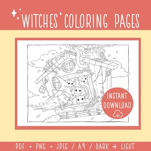 Witch House Coloring Page, Cats, Broomstick (Digital Download)