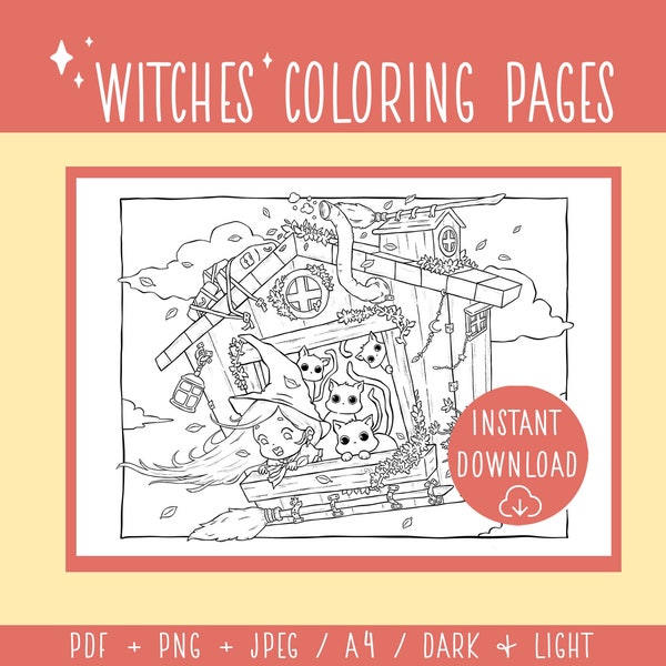 Flying House Coloring Page, Witches and Cats, Instant Download Printables, Witch House, Detailed Coloring Pages, Broomstick, Clouds, Flowers