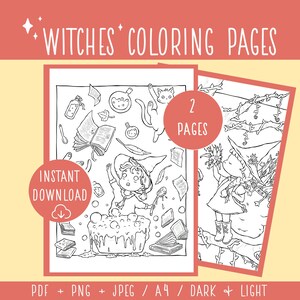 Clumsy Witch Creates Chaos Coloring Pages, Collecting Flowers, Herbs, Flying Cats Printables, Magic cauldron, Cute Witches Instant Download
