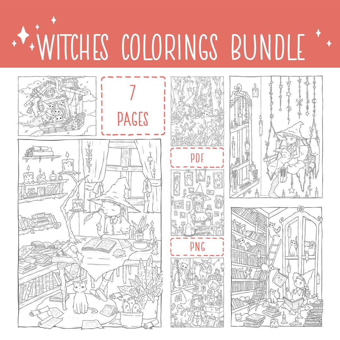 Cute Witches Bundle 2 , Witch Coloring Pages, Instant Download