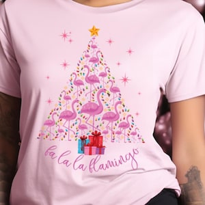 Flamingo Christmas Short Sleeve Tee, Flamingo Christmas Tree Shirt, Fa la la flamingo-Themed Holiday tee shirt, Coastal Christmas tshirt