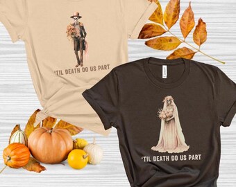 Couple Halloween Tees, Engaged Couple Halloween Tops, Bride and Groom T-shirts for Halloween, Skeleton Bride and Groom Shirts