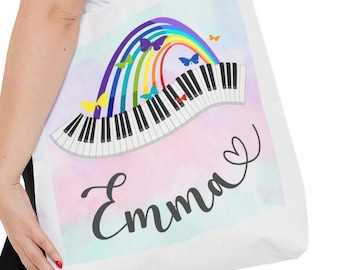 Music Tote Bag Personalized, Rainbow and Butterfly Tote Bag, Custom Piano Music Bag, Pastel and Rainbow Music Tote Personalized with Name