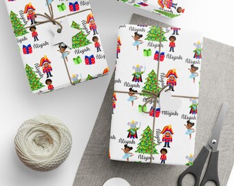 Holiday Nutcracker Wrapping Paper Personalized , African American Characters, Black Ballerina Christmas Wrap, Custom Xmas