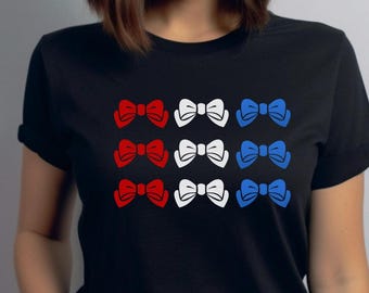 Coquette Patriotic Shirt, 4th of July Bow Shirt, Coquette Style Fourth of July Tee, Red White and Blue Bow tshirt, Coquette Tshirt for Her