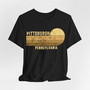 Pittsburgh Retro Sunset Short Sleeve Tee, Black and Gold Sunset Shirt, Yinzer Shirt for Pittsburgher, Pittsburgh, Pennsylvania