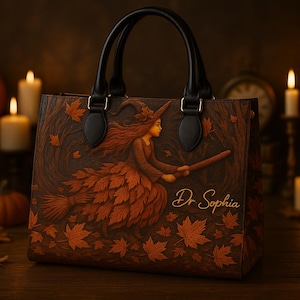 Personalized Witch Art Print Handbag, Spooky Halloween Bag with Handle, Witchy Gothic Bag, Trick Or Treat Halloween Bag, Custom Name Handbag